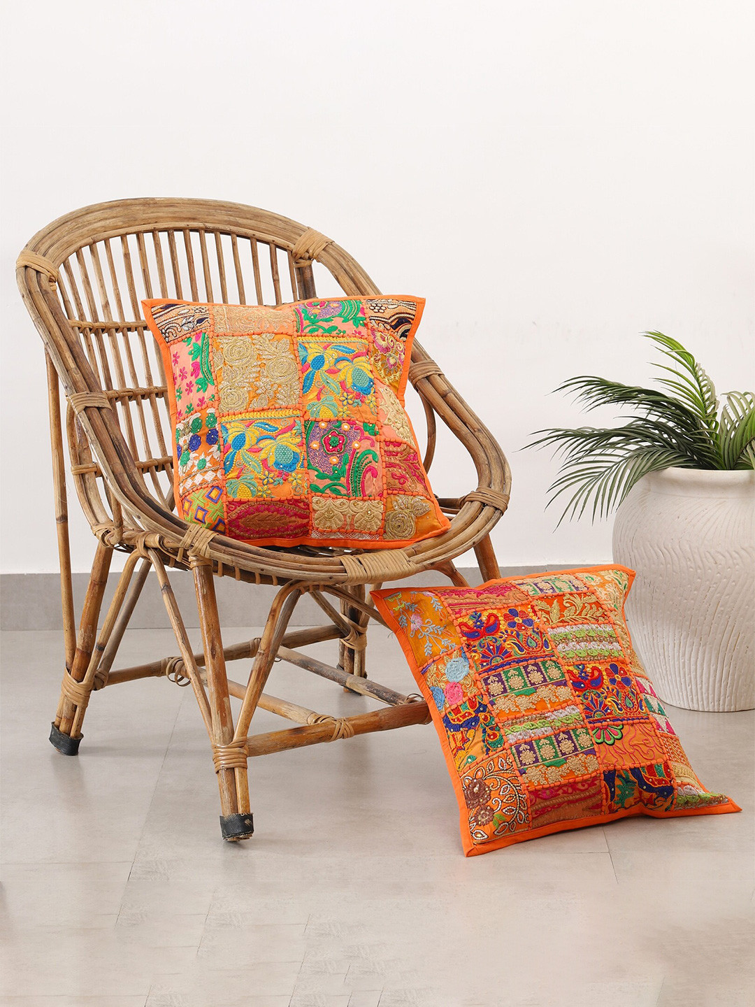 HANDICRAFT PALACE Orange & Red Set of 2 Embroidered Cotton Square Cushion Covers