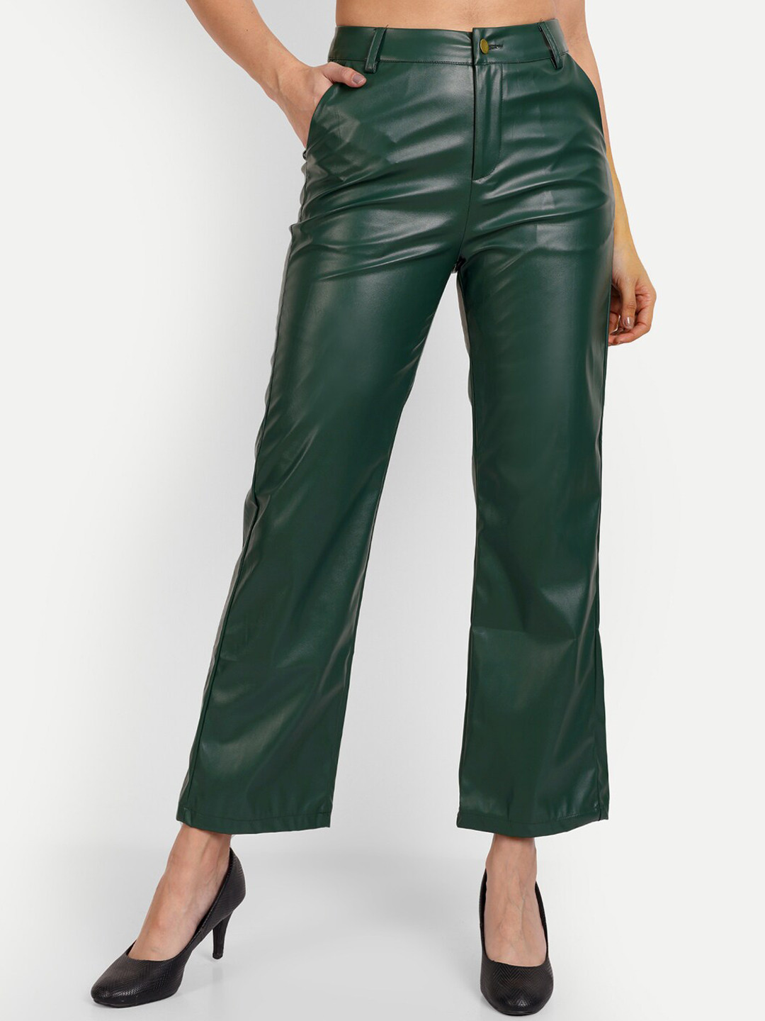 iki chic Women High-Rise Non Iron Leather Trousers