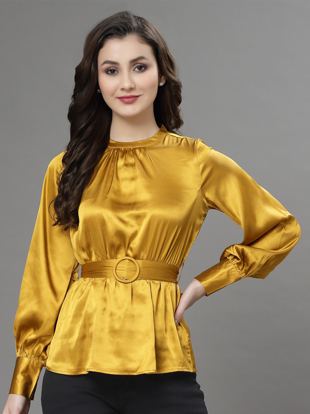 KASSUALLY Round Neck Waist Belt Feminine Frills Satin Long Sleeves Top