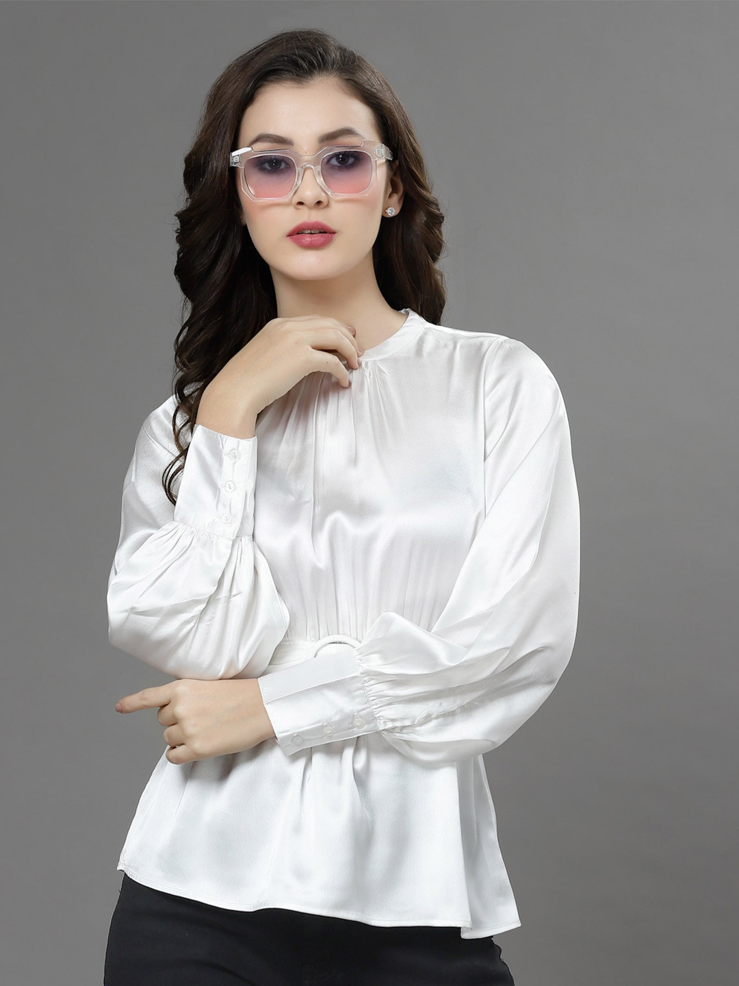 KASSUALLY Round Neck Waist Belt Feminine Frills Top