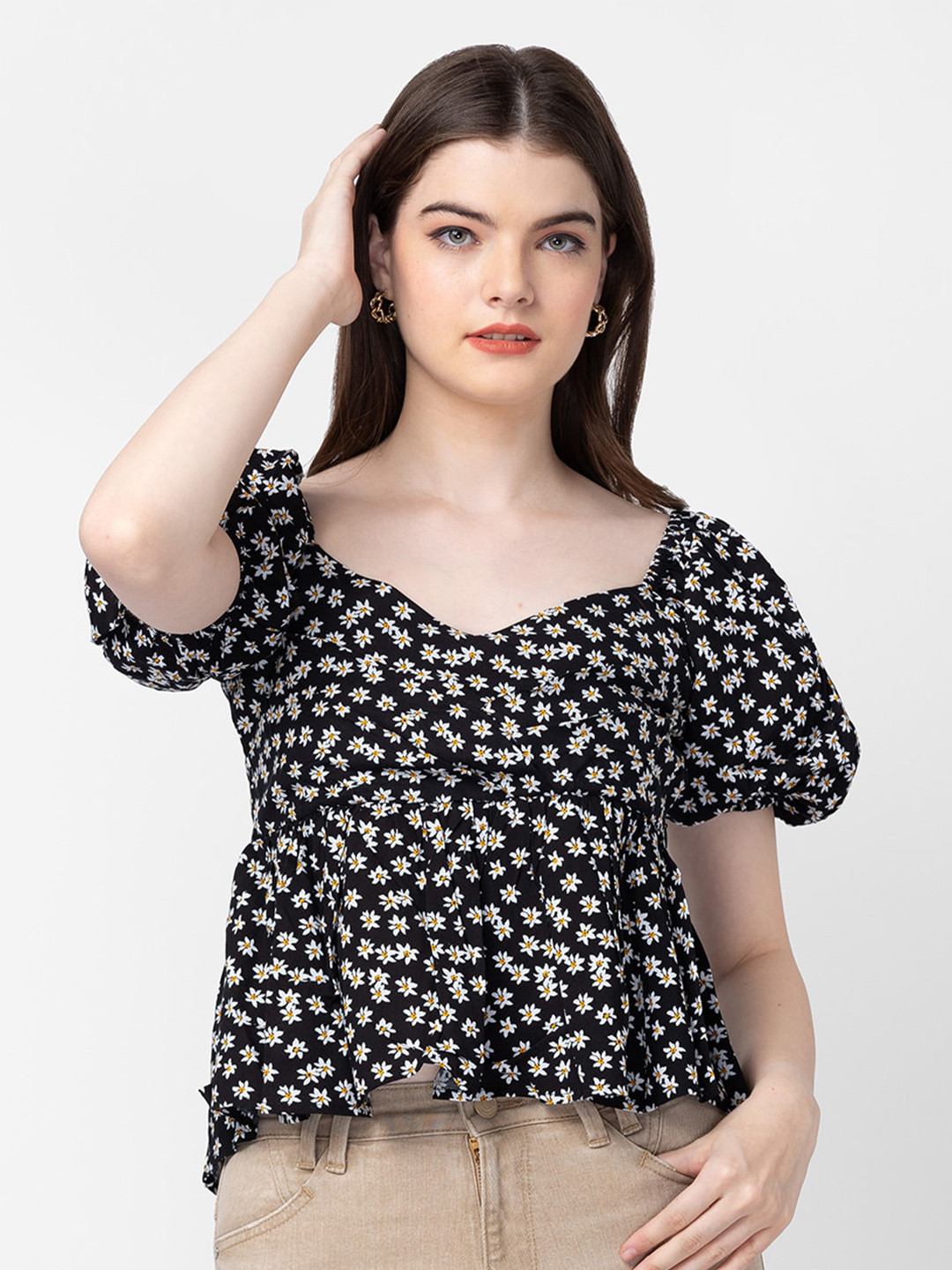 SPYKAR Black Floral Print Sweetheart Neck Peplum Crop Top