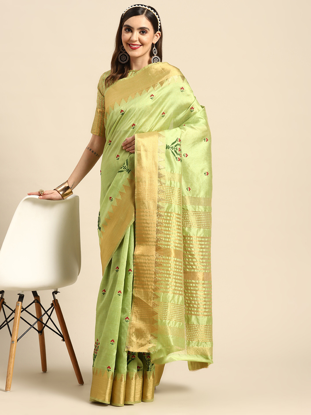 SERONA FABRICS Lime Green Floral Embroidered Silk Cotton Saree