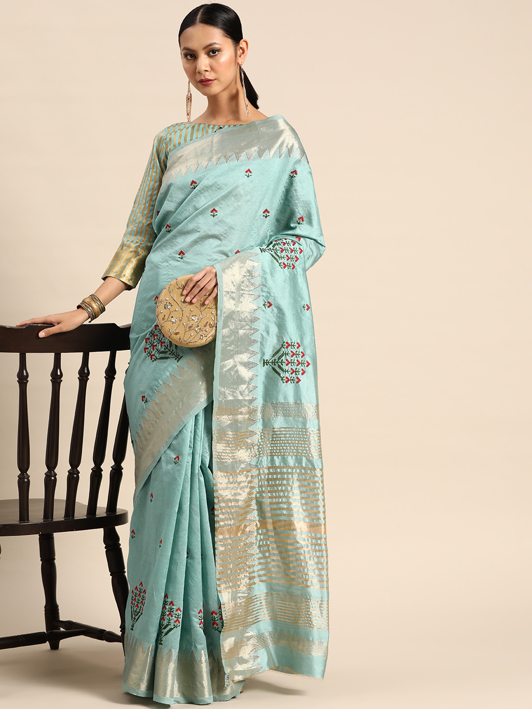 SERONA FABRICS Turquoise Blue Floral Embroidered Silk Cotton Saree