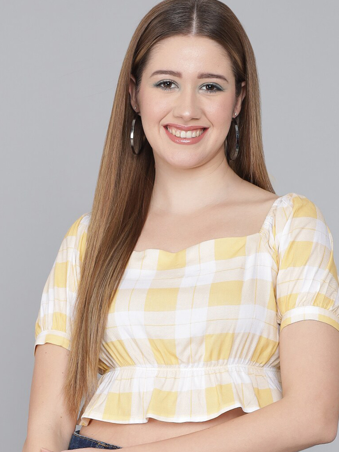 FLAMBOYANT Checked Cinched Waist Crop Top