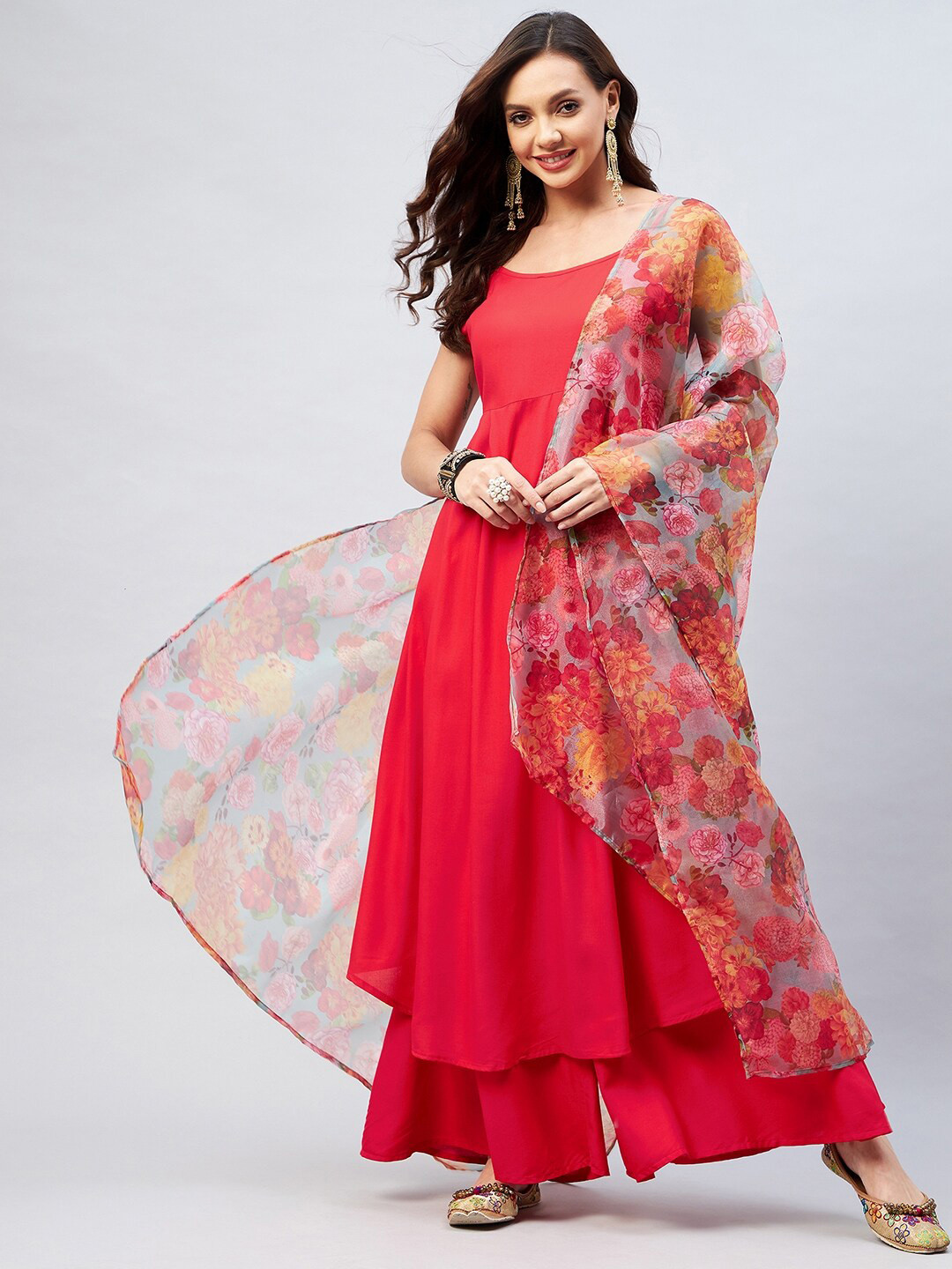 InWeave Women Pleated Anarkali Kurta with Palazzos & Dupatta