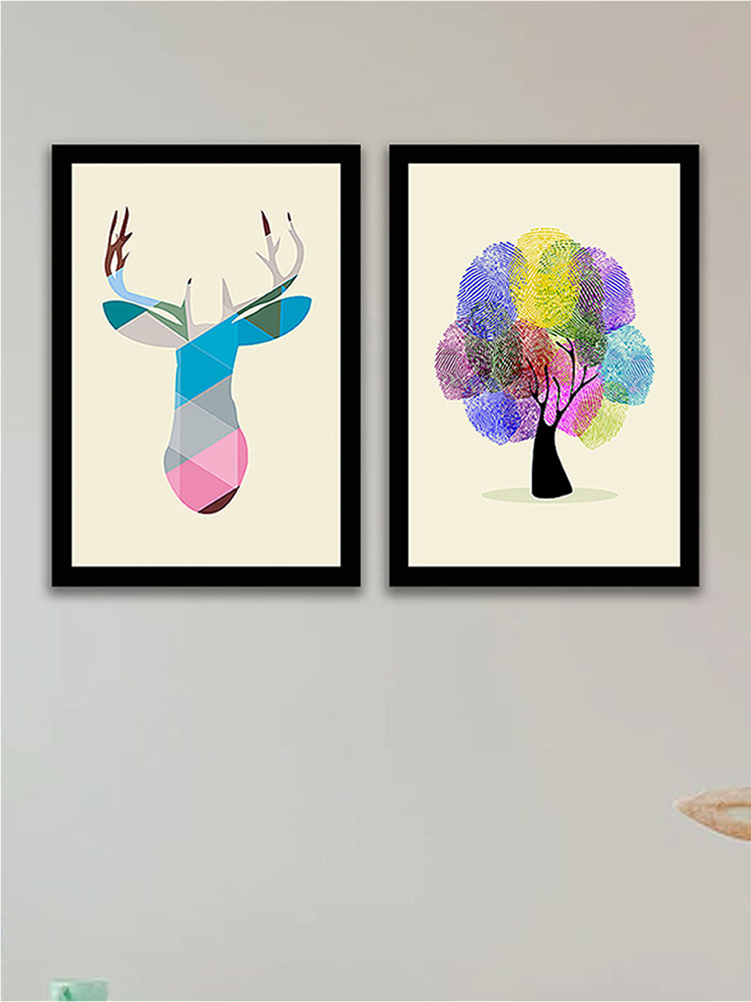 Art Street Beige & Blue Set Of 2 Tree & Geometric Reindeer Painted Framed Wall Art