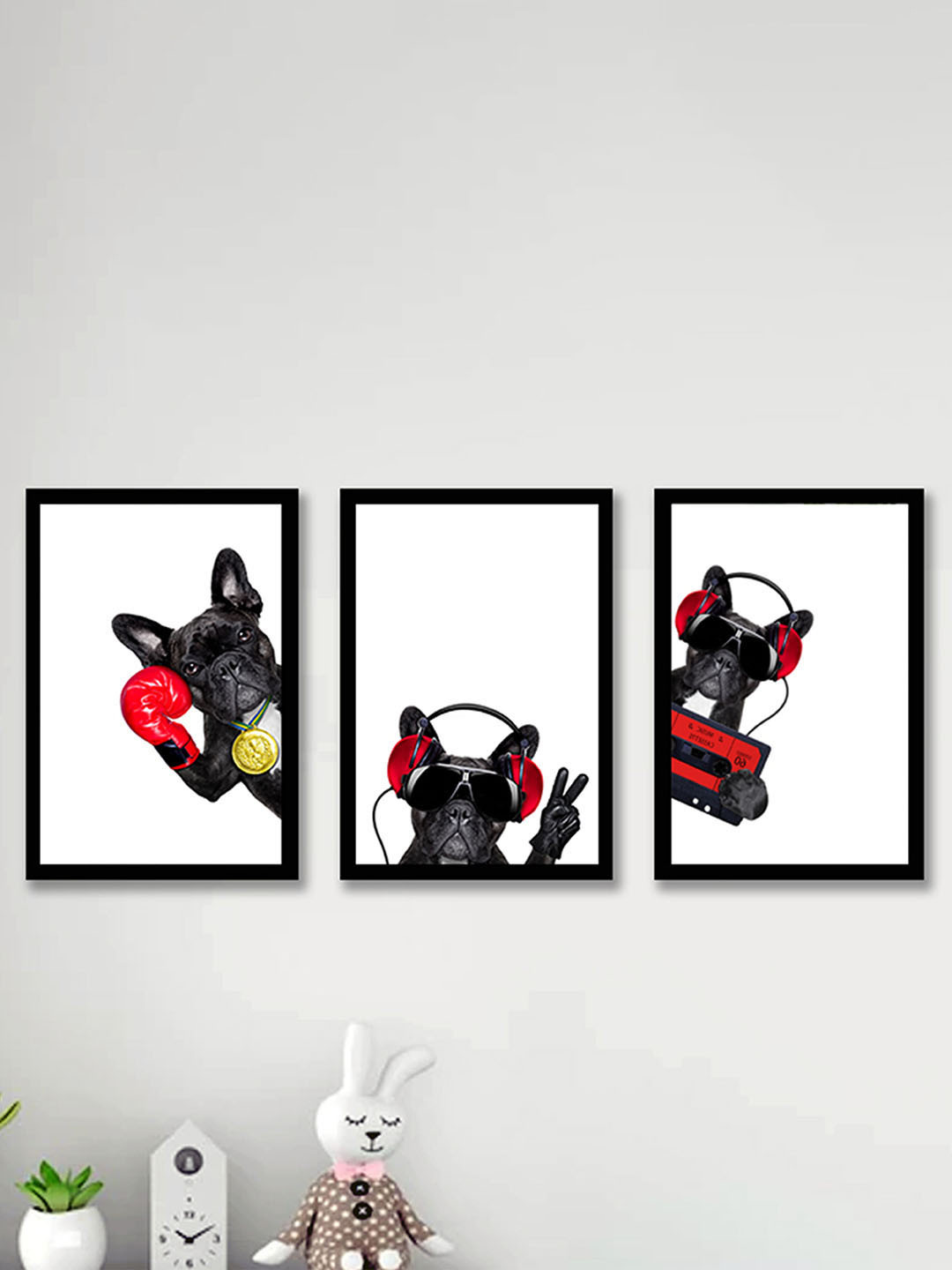Art Street White & Black Set Of 3 Rocking Dog Framed Wall Art