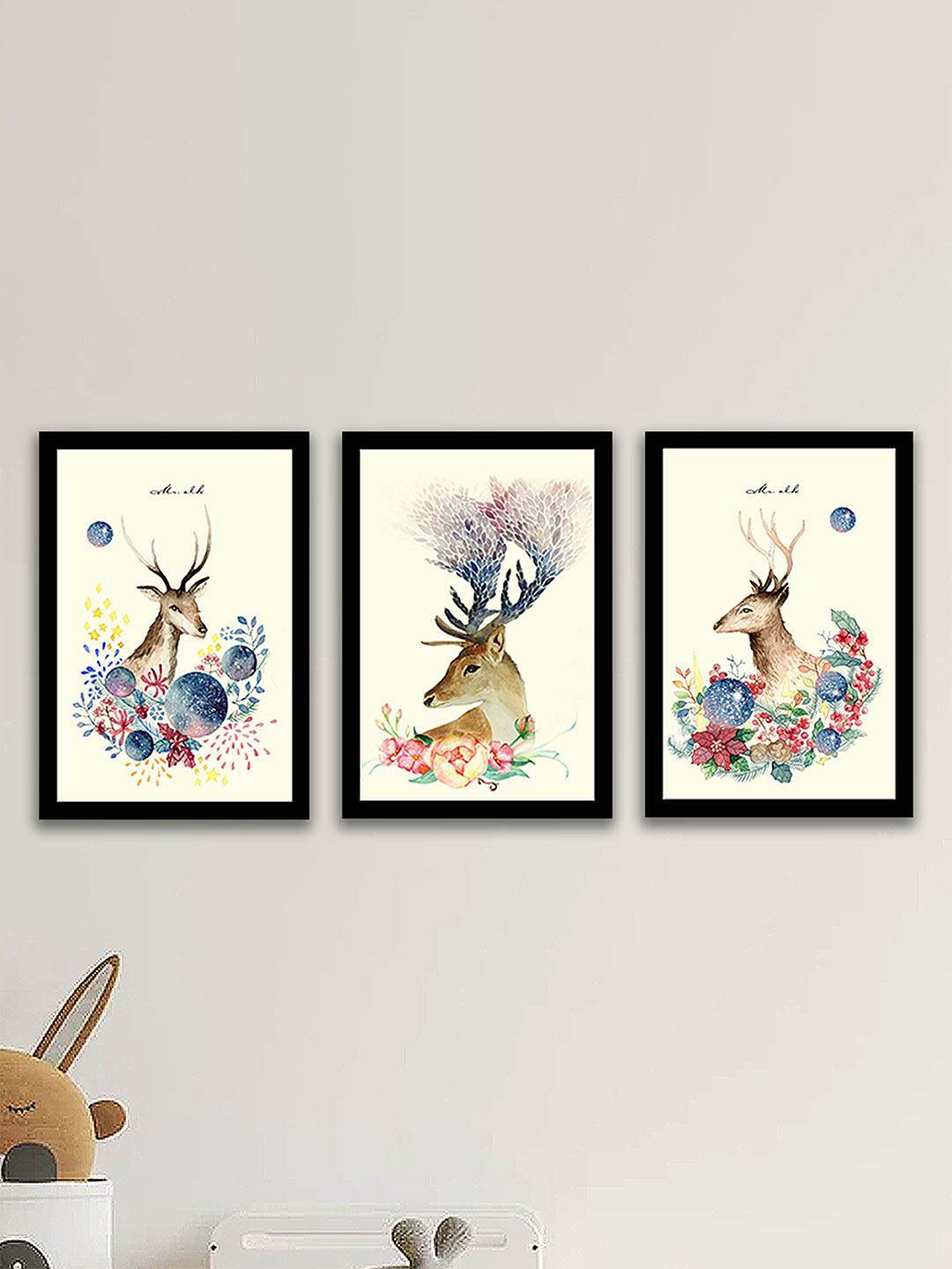 Art Street Cream & Beige Set Of 3 Floral Deer Painting Framed Wall Art