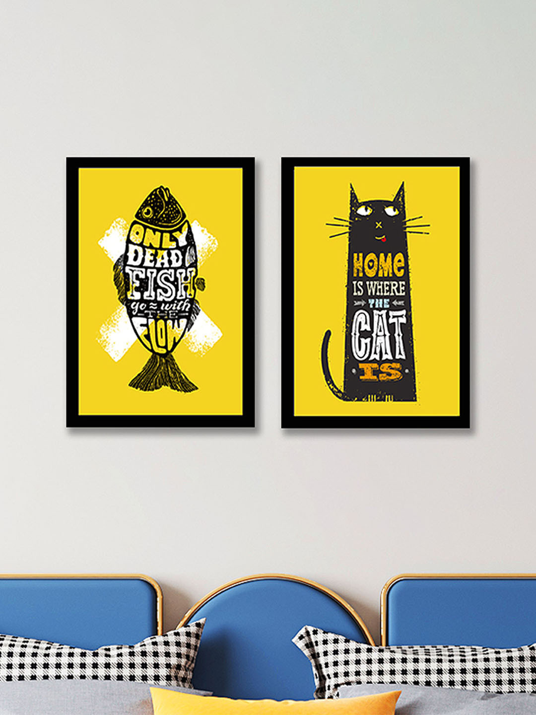 Art Street Cat Fish MDF 2 Pcs Wall Rectangle Paintings Wall Art - 12.9x9.4In