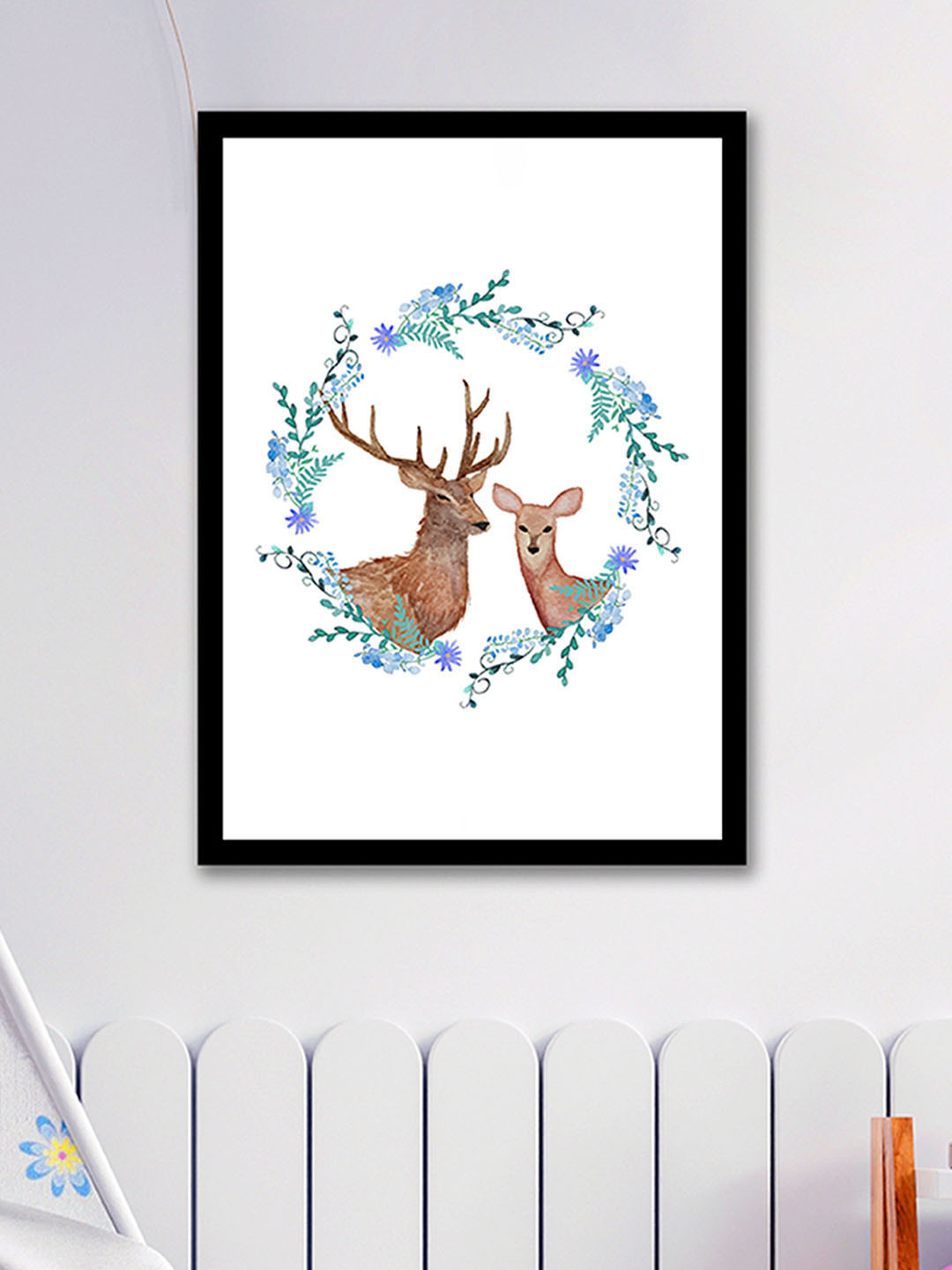 Art Street The Couple Deer Floral Ring MDF Rectangle Paintings Wall Art - 12.9 x 17.7 In