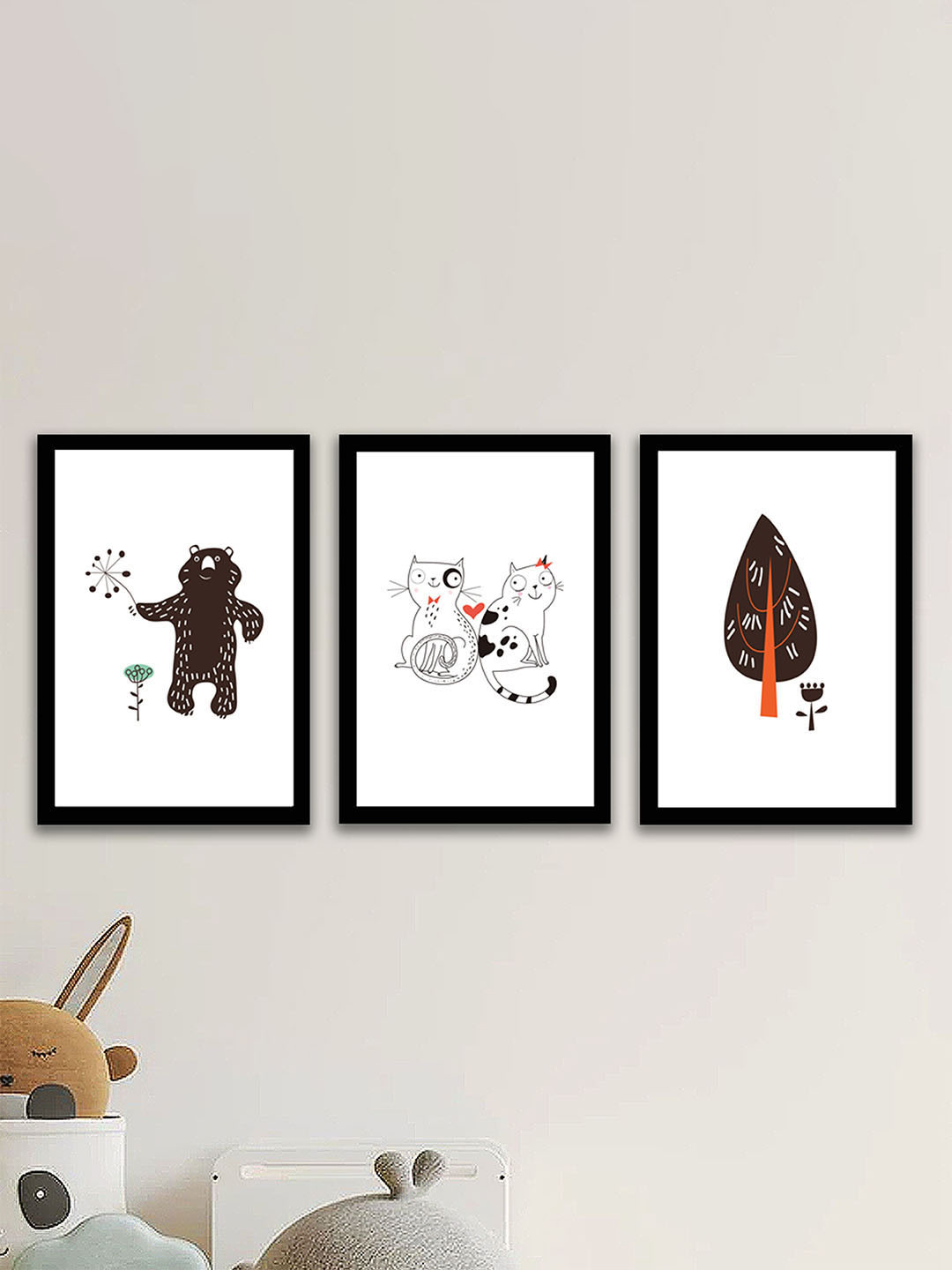 Art Street White & Brown Set Of 3 Cat Love with Heart Painted Framed Wall Art