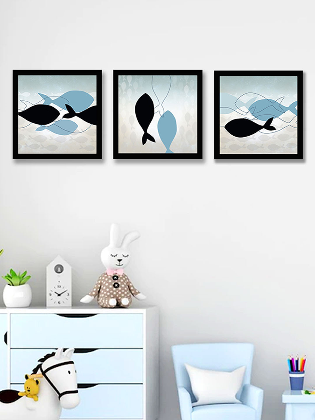 Art Street Blue & Black Set Of 3 Fish Wall Art