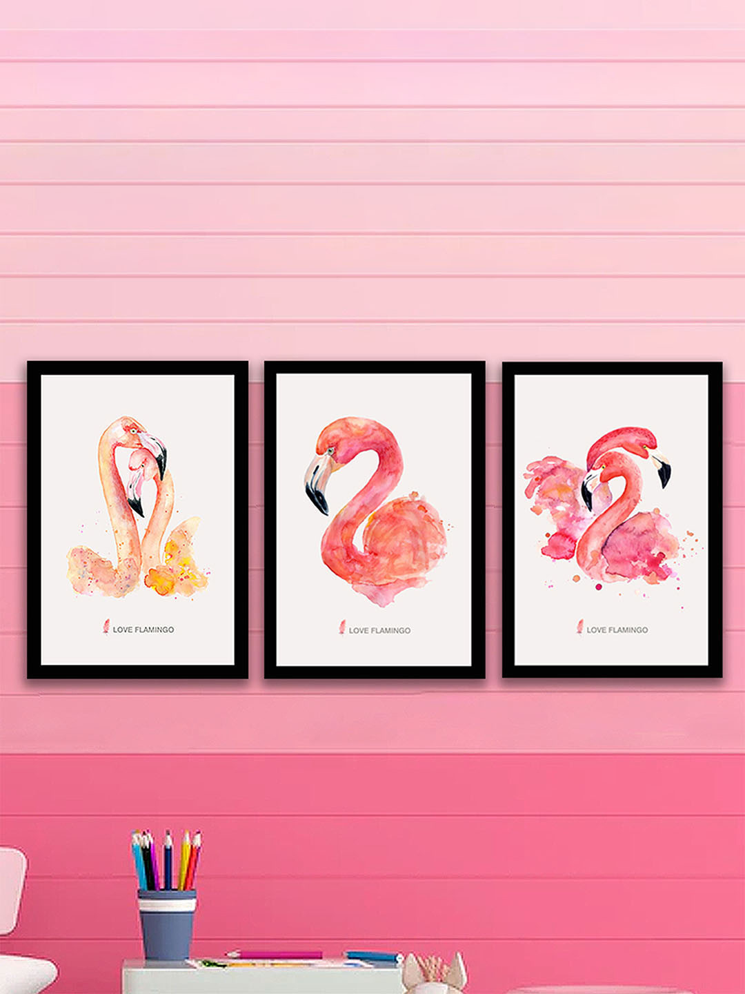 Art Street Flamingo MDF 3 Pcs Living Room Rectangle Paintings Wall Art -9.37 x 12.87In