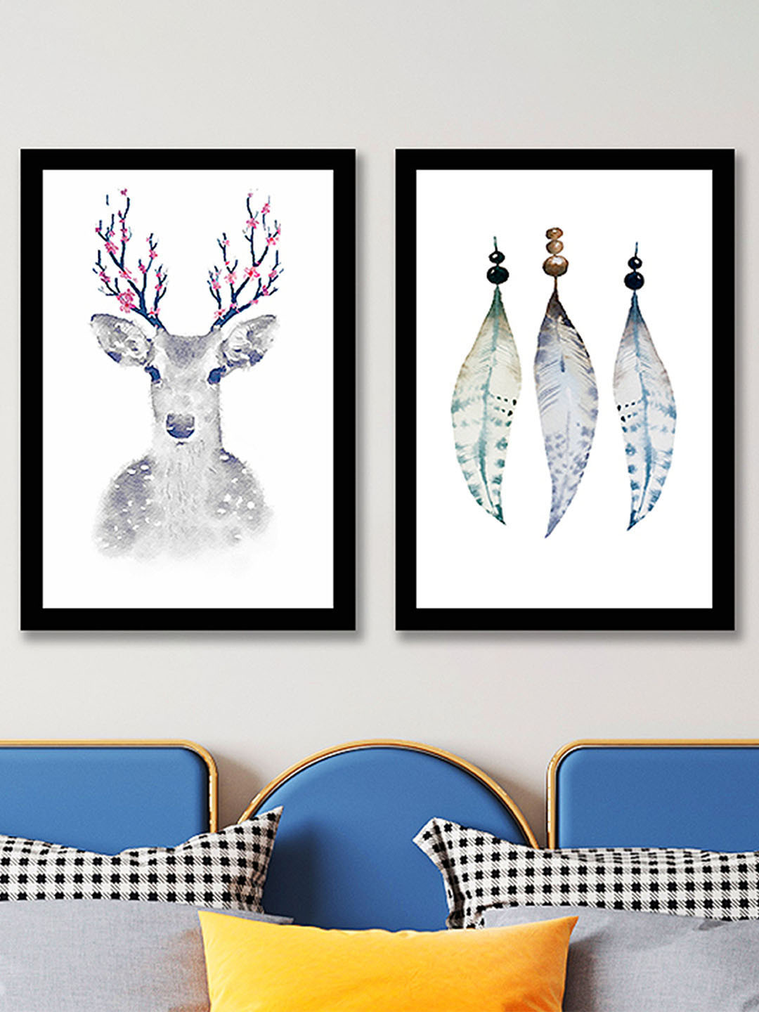Art Street White and Grey Set Of 2 Nordic Modern Deer Feathers Wall Art