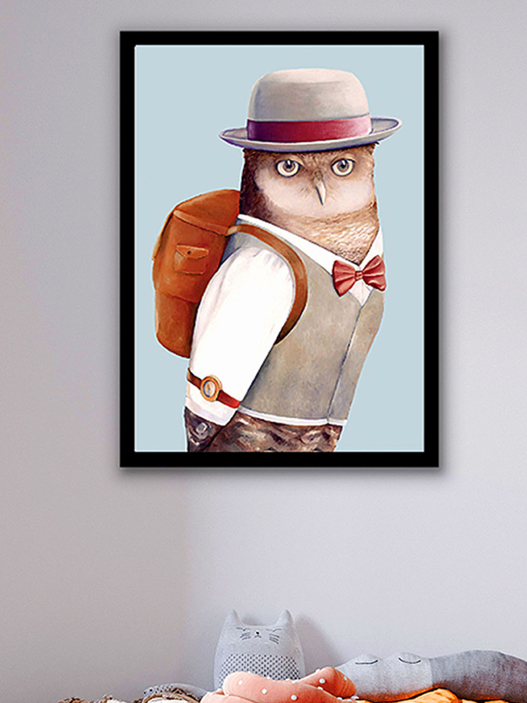 Art Street Blue and Beige Gentleman Owl Cartoon Wall Art