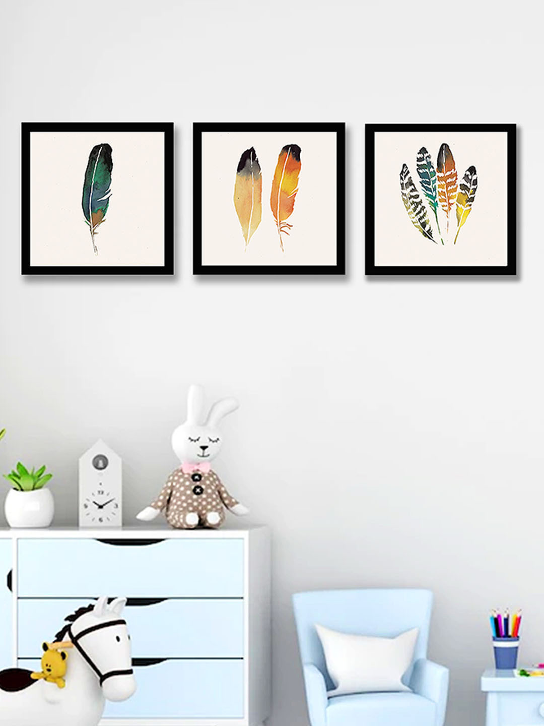 Art Street Off White and Orange Set Of 3 Feathers Paintings Wall Art