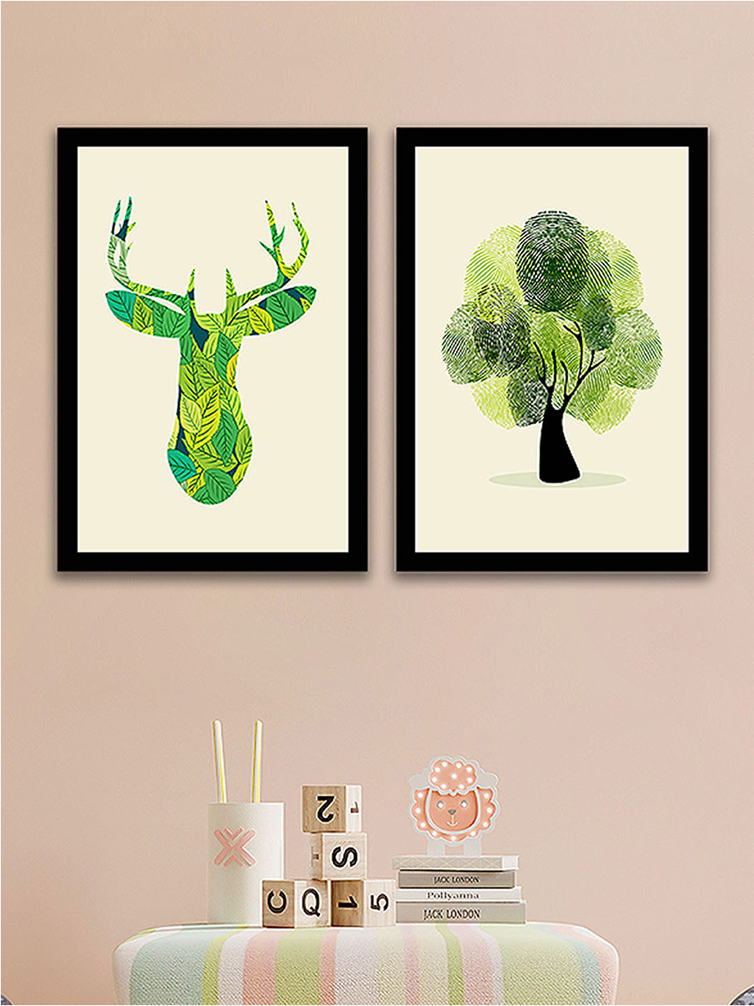 Art Street Off White & Green Set Of 2 Abstract Tree & Geometric Reindeer Painted Wall Art