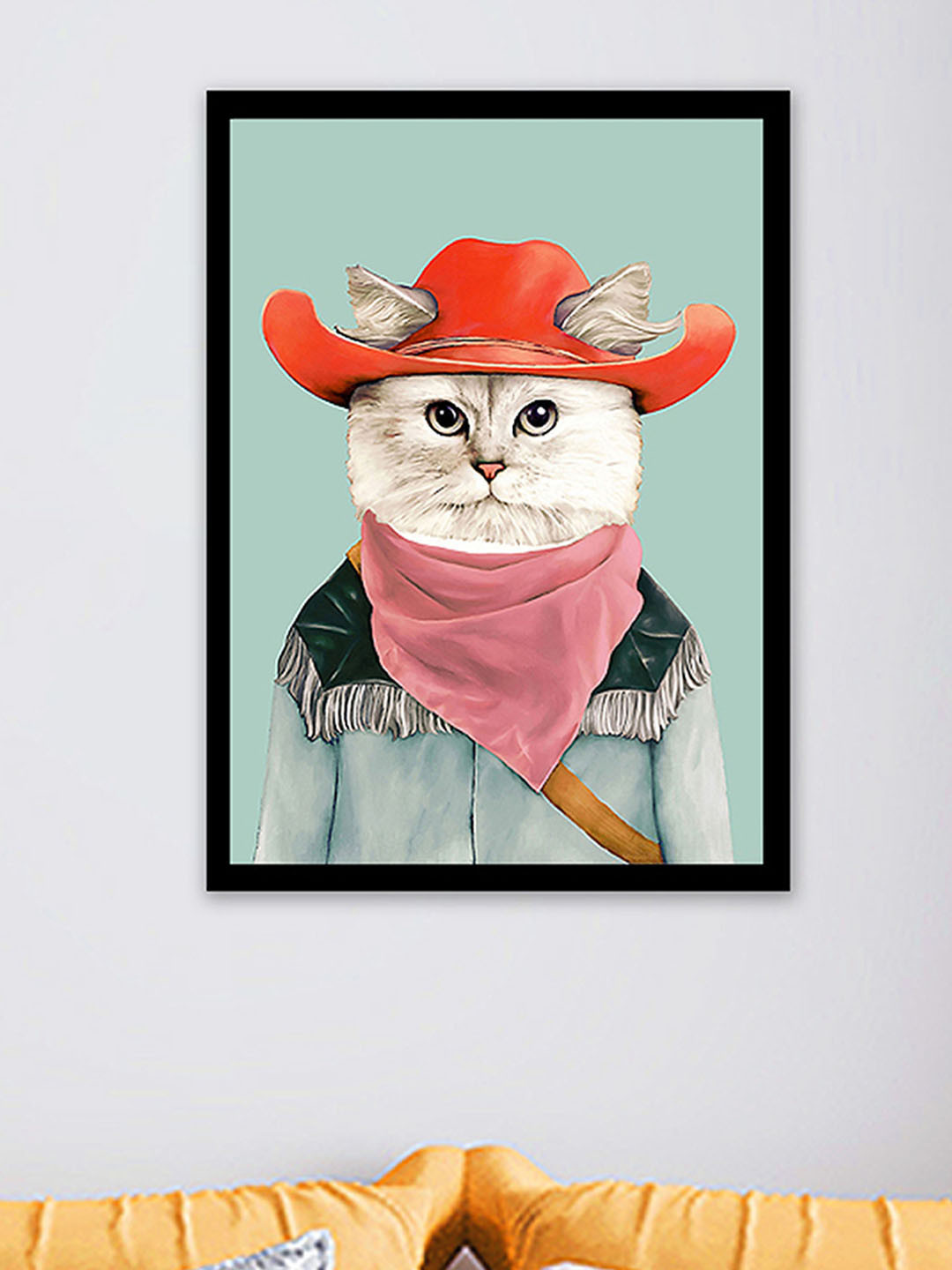 Art Street Blue and Off White Cute Cowboy Cat Wall Art