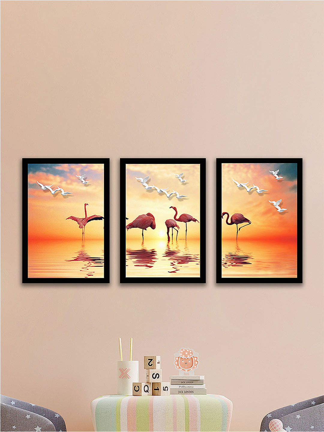 Art Street Flamingo Paper 3 Pcs Kids Room Rectangle Paintings Wall Art -9.40 x 12.87In