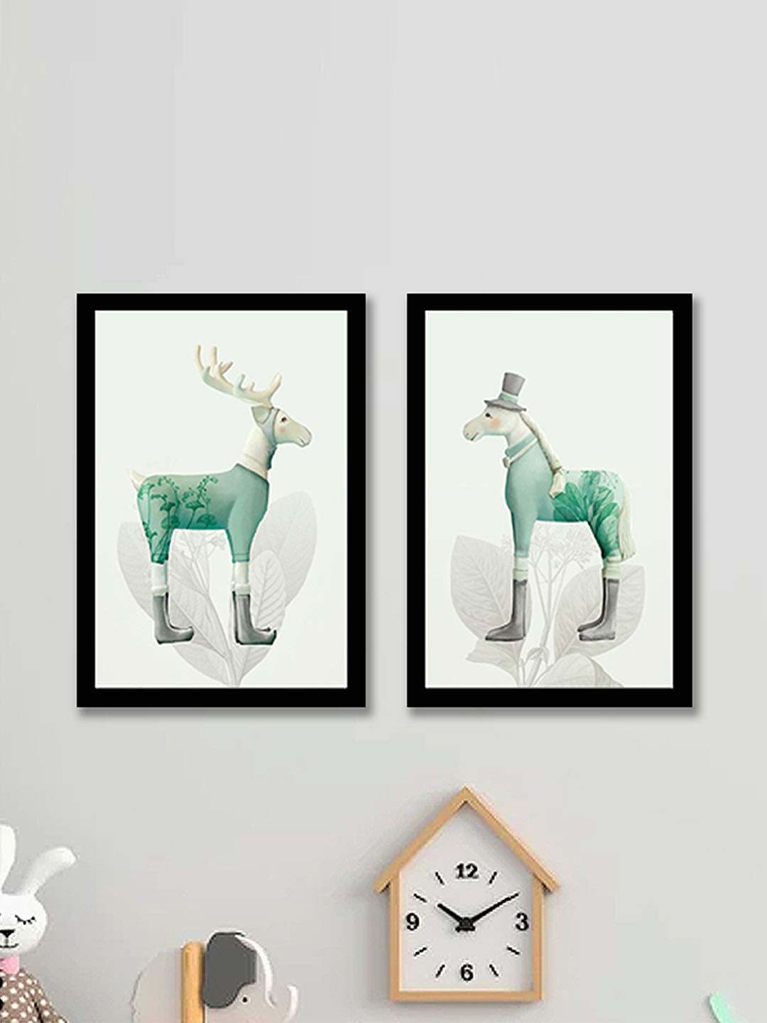 Art Street Off White and Green Set of 2 Animal Horse Deer Minimalist Framed Wall Art