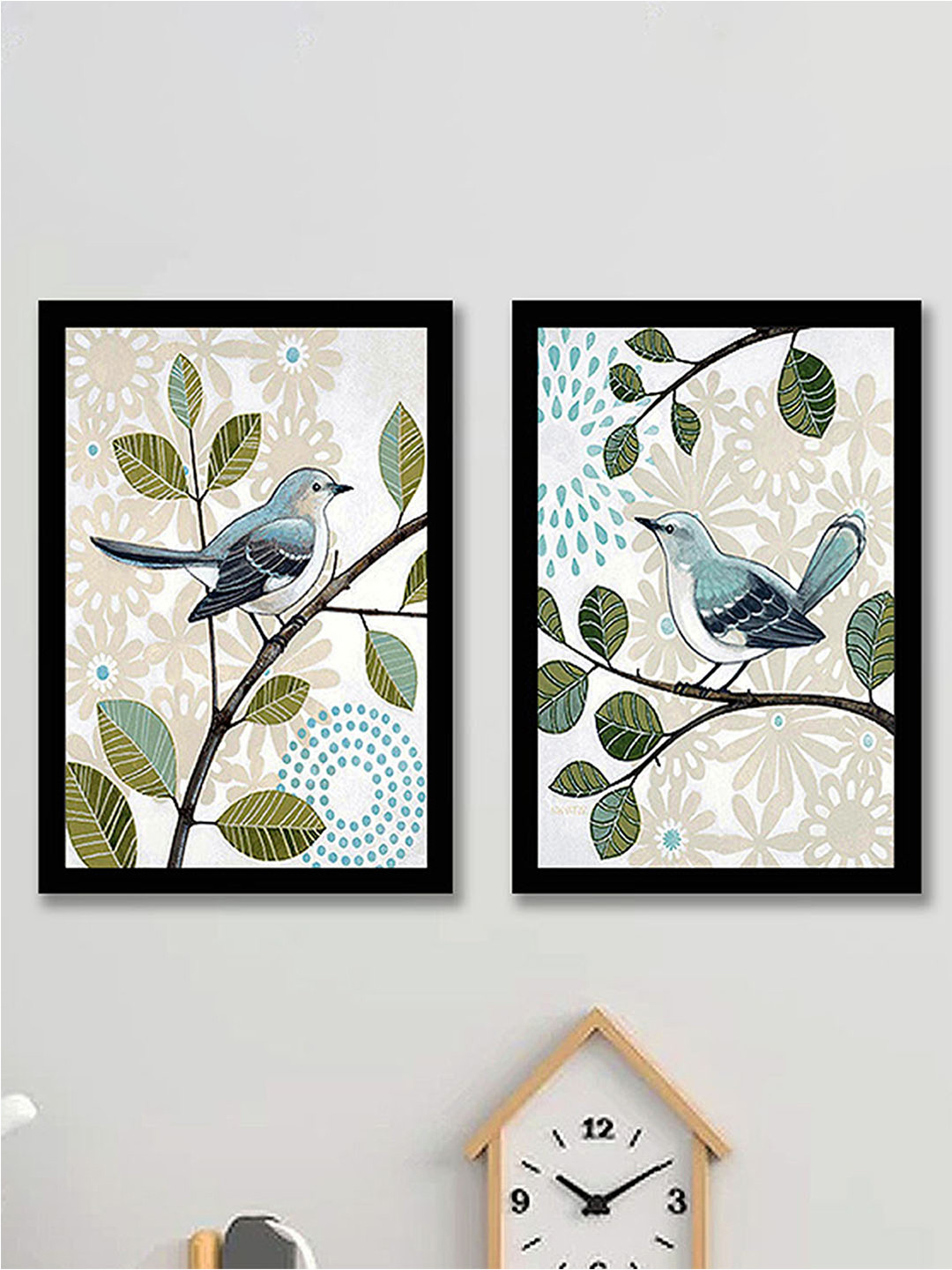 Art Street Beige and Green Set of 2 Singing Birds Pattern Framed Wall Art