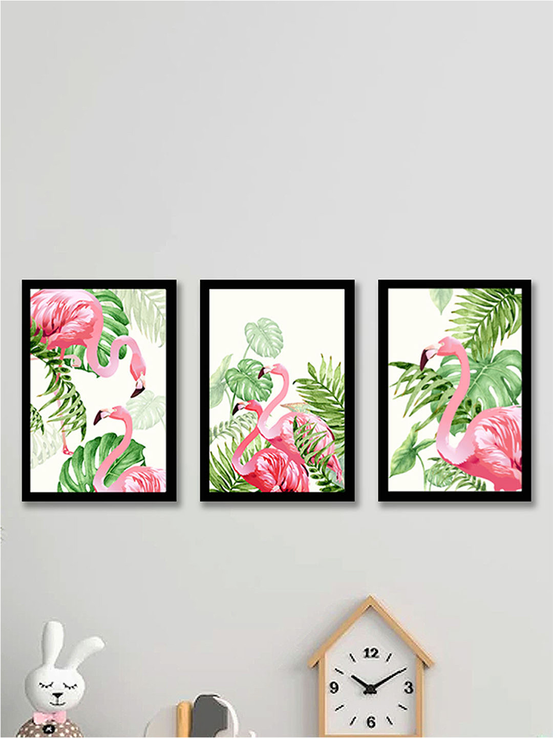 Art Street Flamingo Wood 3 Pcs Wall Rectangle Paintings Wall Art -13x9.2In