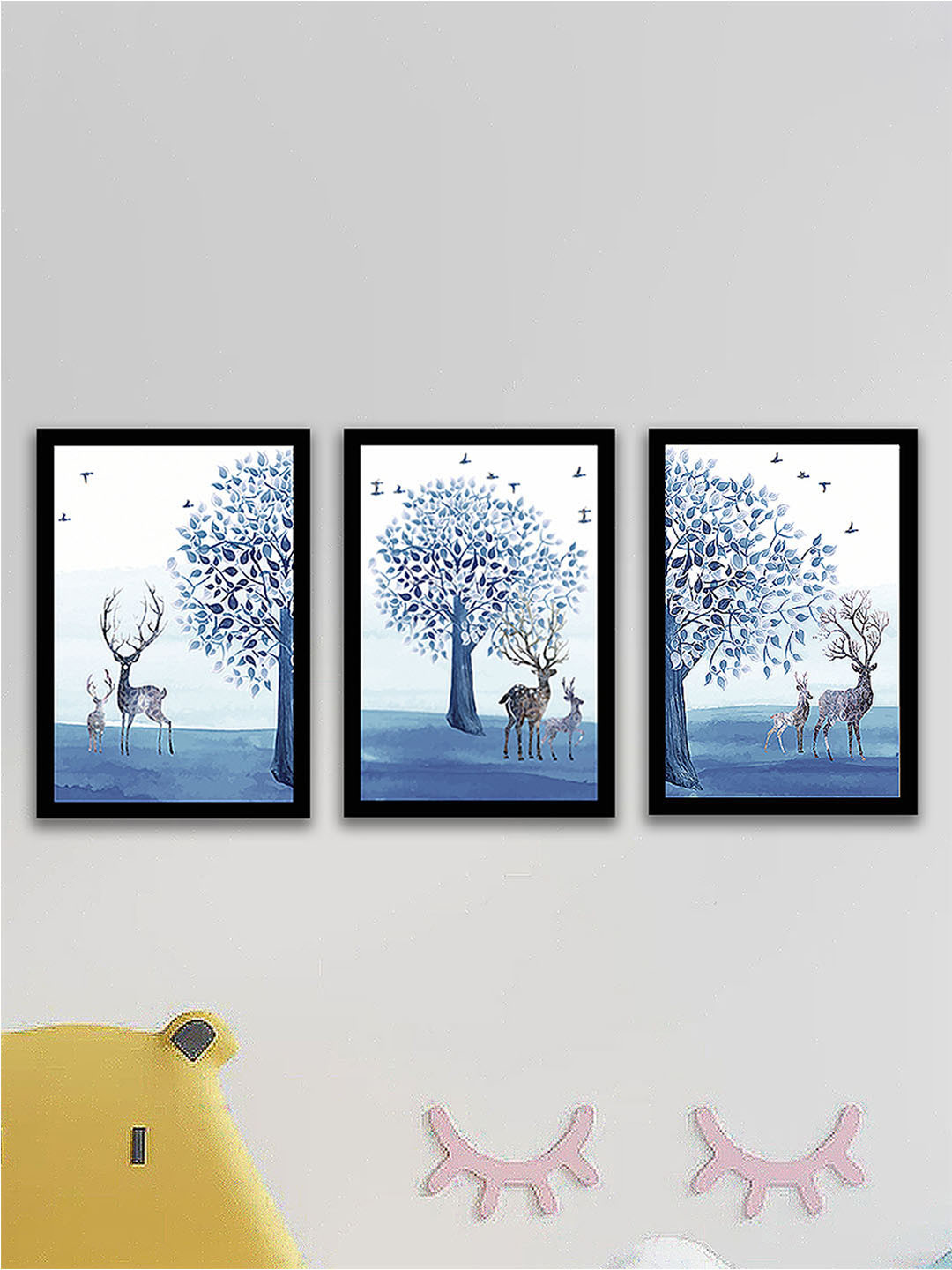 Art Street Reindeer Under Tree Canvas 3 Piece Rectangle Paintings Wall Art -30.2 x 12.9 In