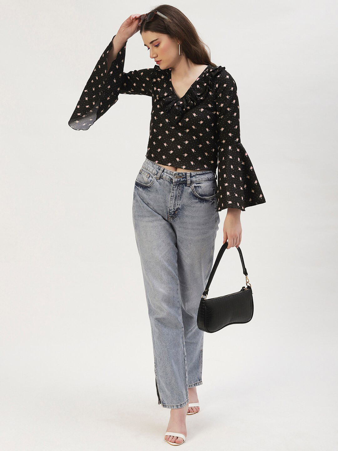 DressBerry Black Floral Printed Bell Sleeves Ruffles Top