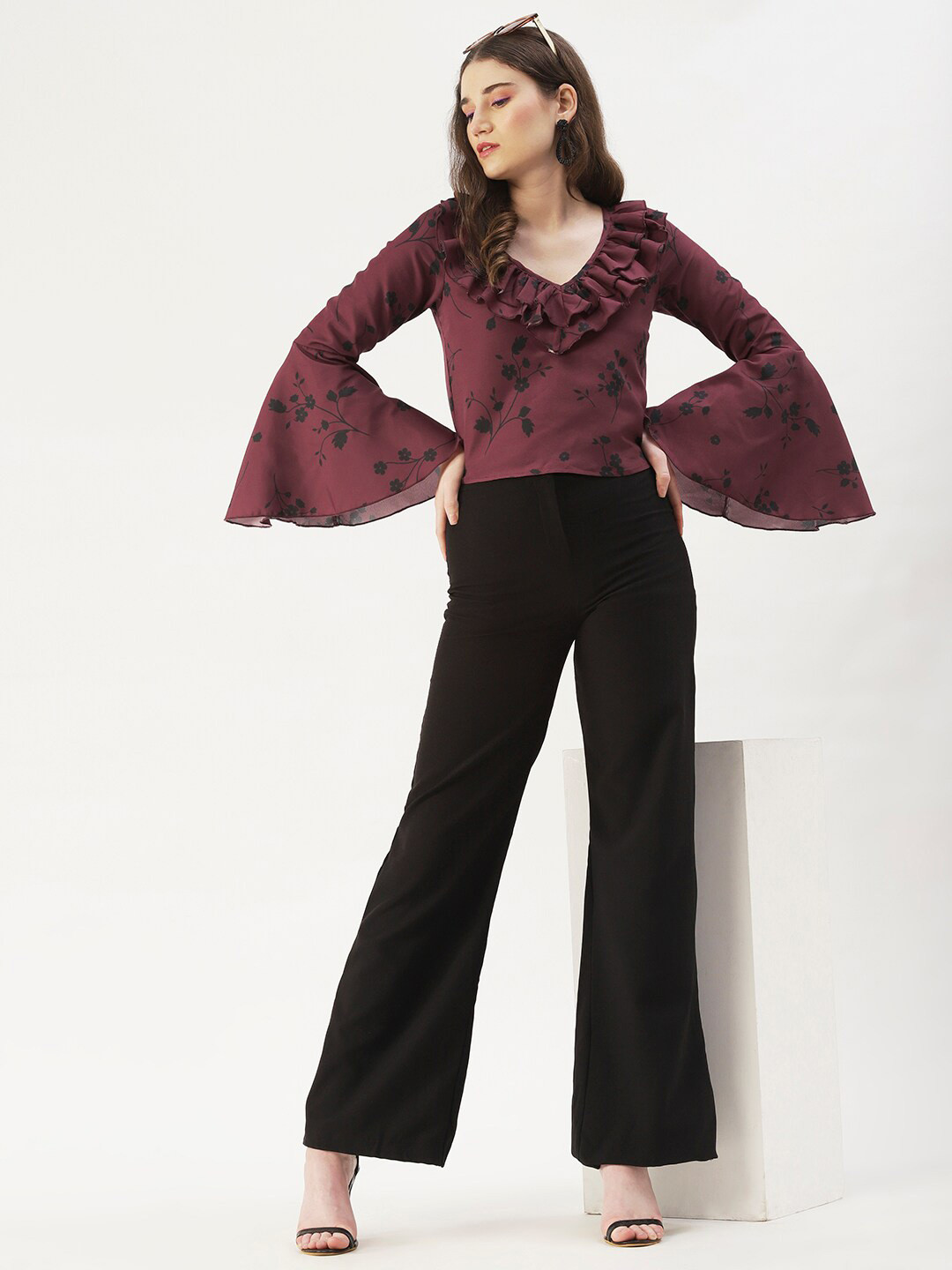 DressBerry Burgundy Floral Printed Bell Sleeves Ruffles Top