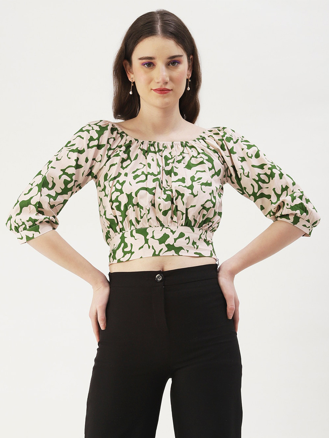 DressBerry Green Animal Print Blouson Crop Top