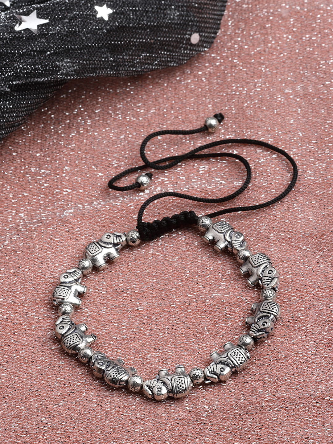 PANASH Oxidised Silver-Toned Elephant Shaped Ethnic Charm Bracelet