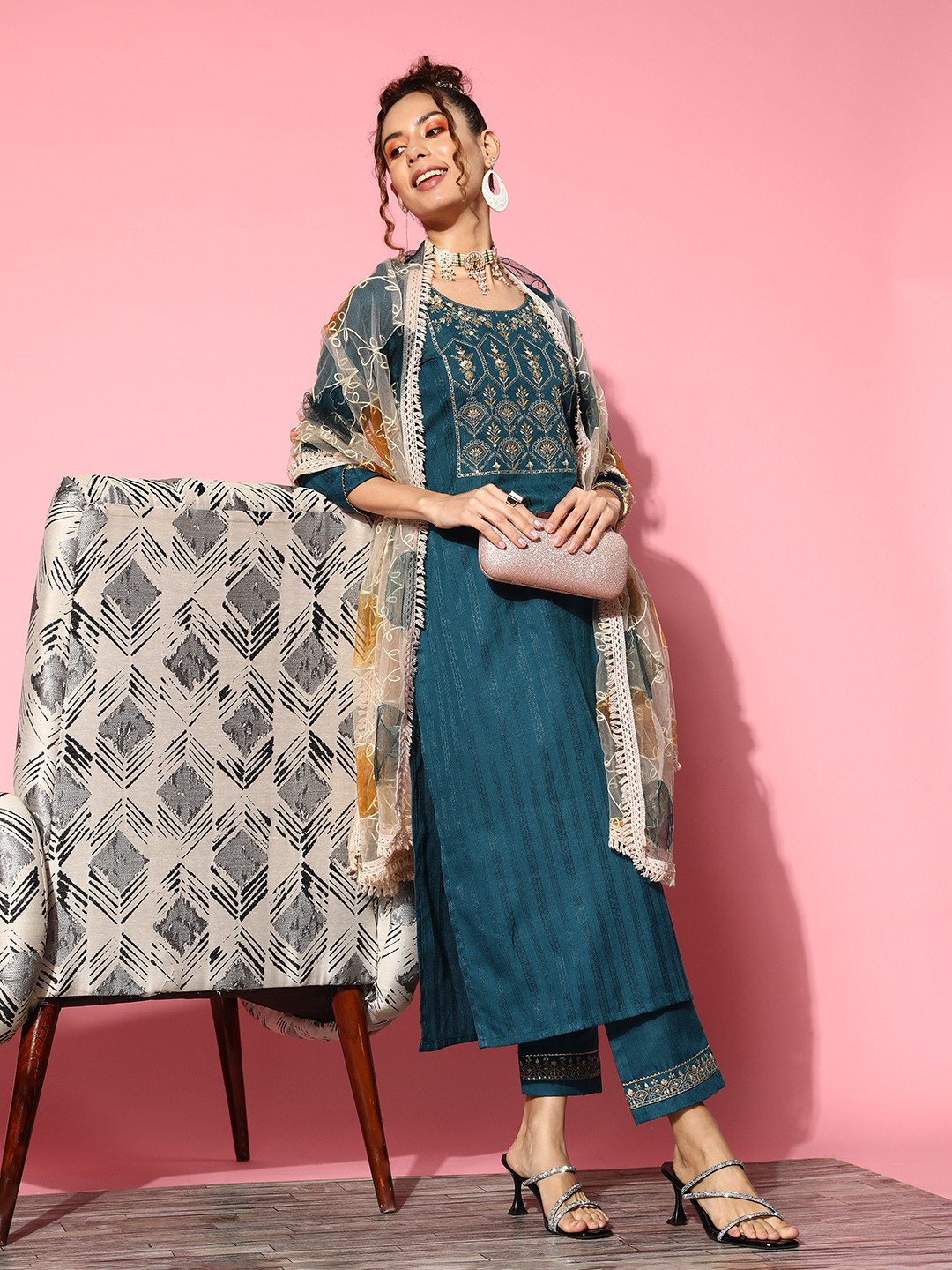 SheWill Women Teal Floral Embroidered Sequinned Kurta with Trousers & With Dupatta