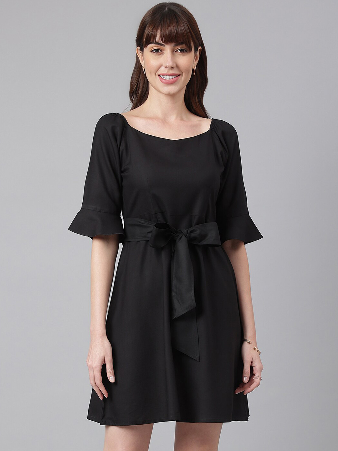 FLAMBOYANT Tie-Up Detailed Bell Sleeves A-Line Dress