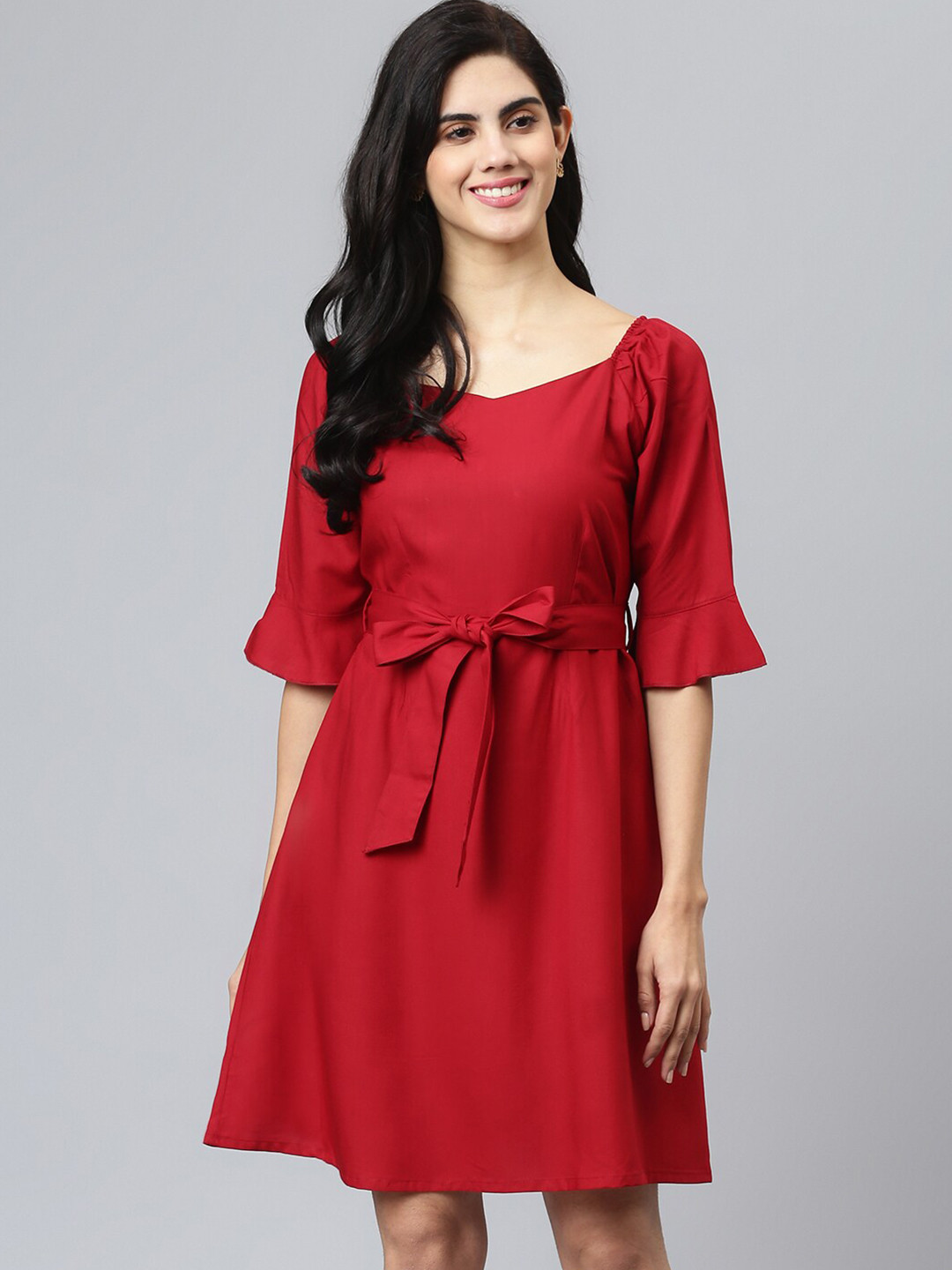 FLAMBOYANT Tie-Up Detailed Bell Sleeves A-Line Dress