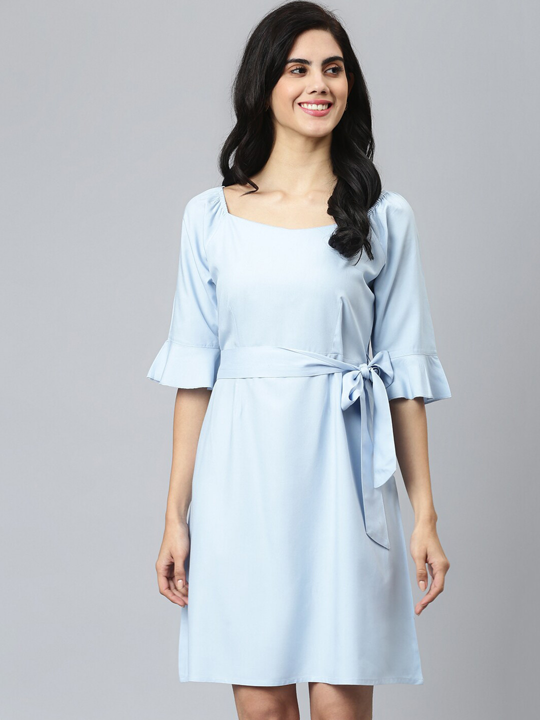 FLAMBOYANT Tie-Up Detailed Bell Sleeves A-Line Dress
