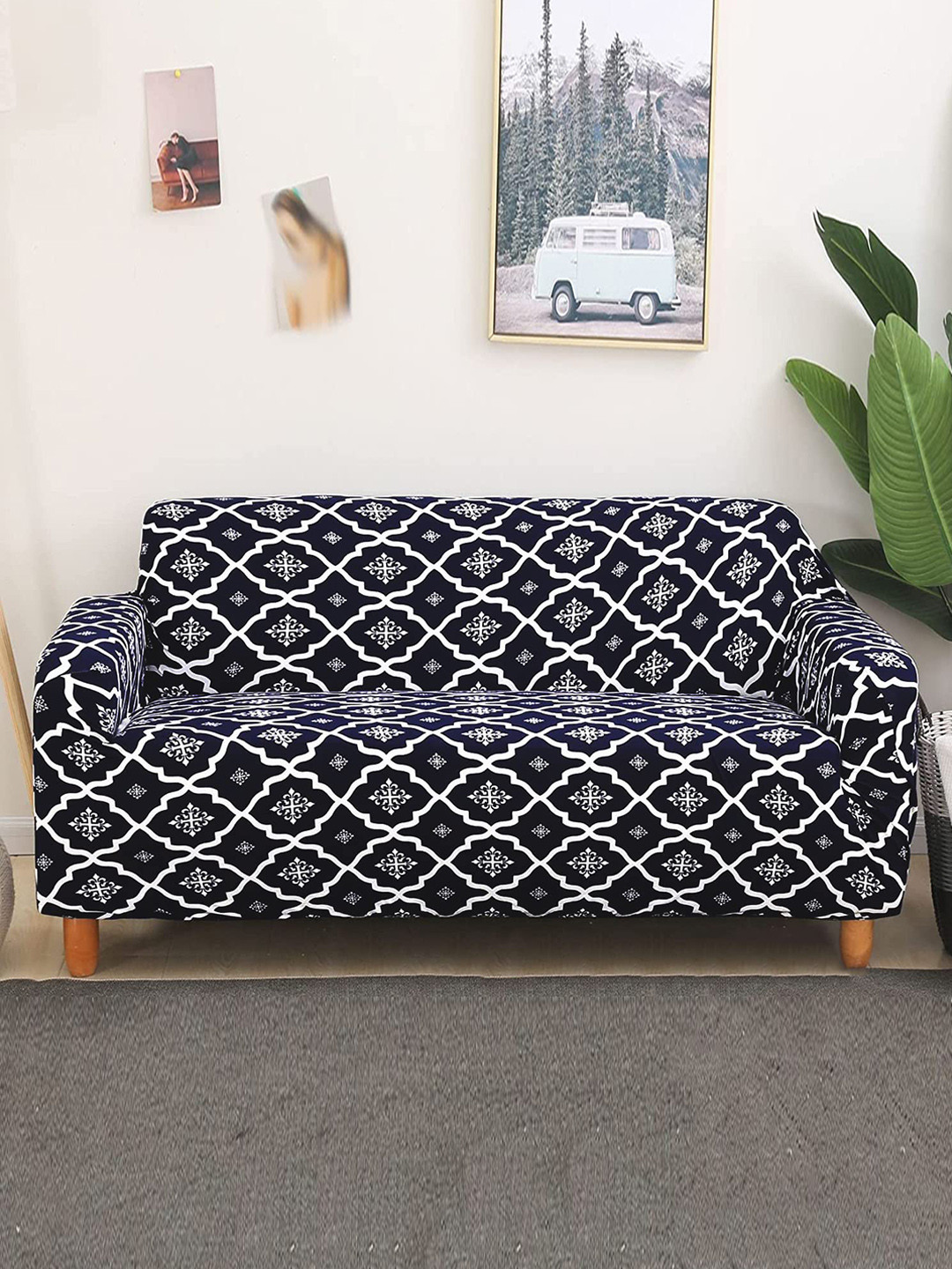 HOUSE OF QUIRK Blue & White Ethnic Motif Printed Stretchable Single-Seater Sofa Slipcover