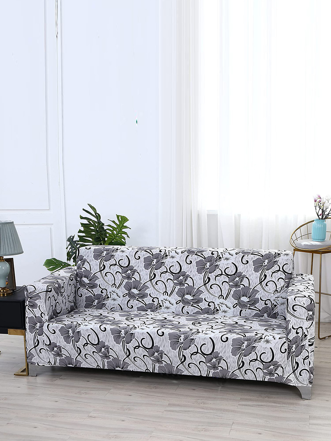 HOUSE OF QUIRK Universal Grey Printed 4-Seater Sofa Slipcovers
