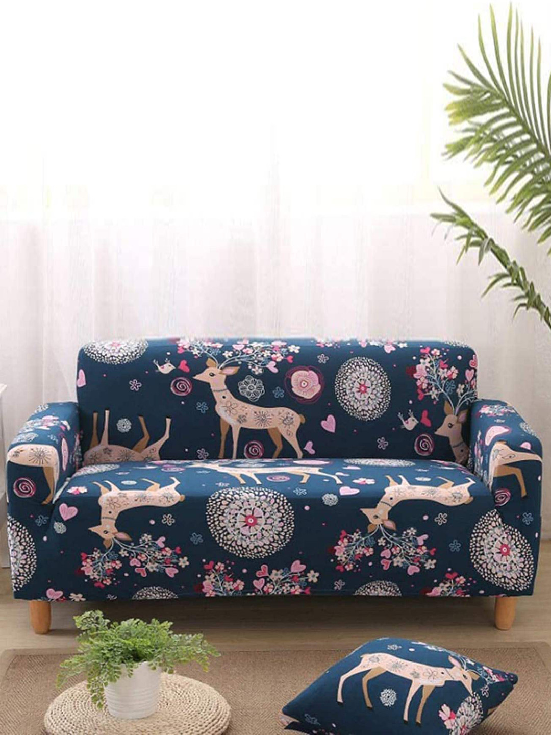 HOUSE OF QUIRK Universal Blue & Pink Printed Double-Seater Sofa Slipcover