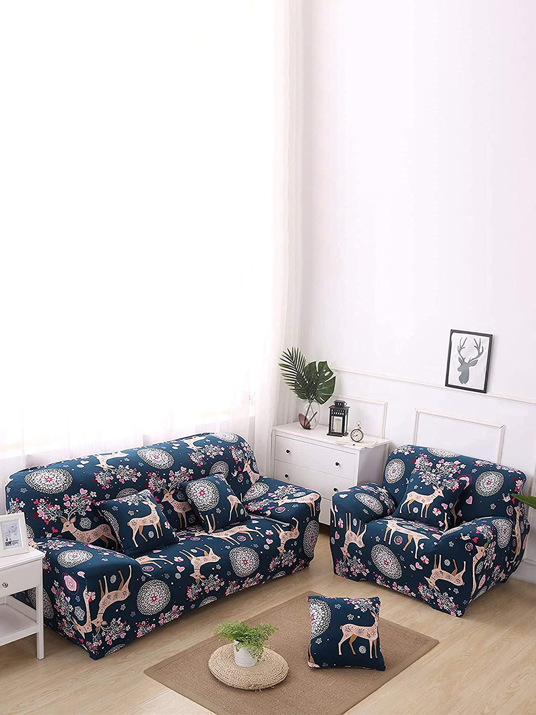 HOUSE OF QUIRK Universal Blue & Pink Printed Stretchable 1-Seater Sofa Slipcover