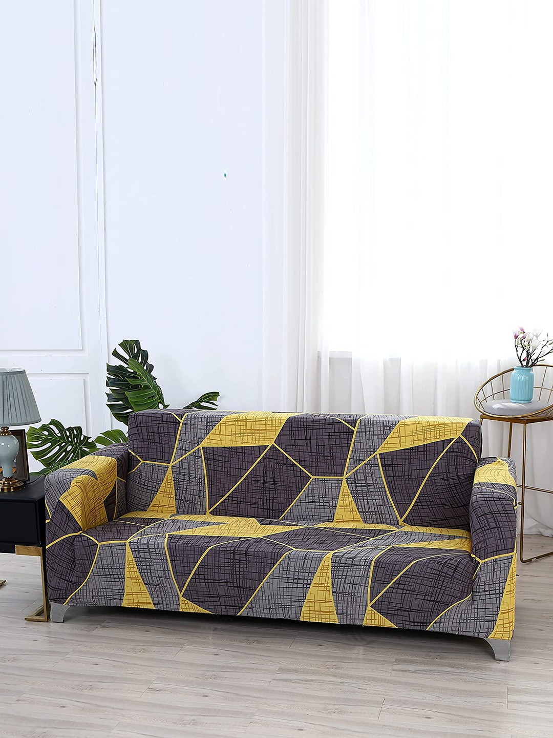 HOUSE OF QUIRK Universal Grey & Yellow Printed Stretchable 3-Seater Sofa Slipcover