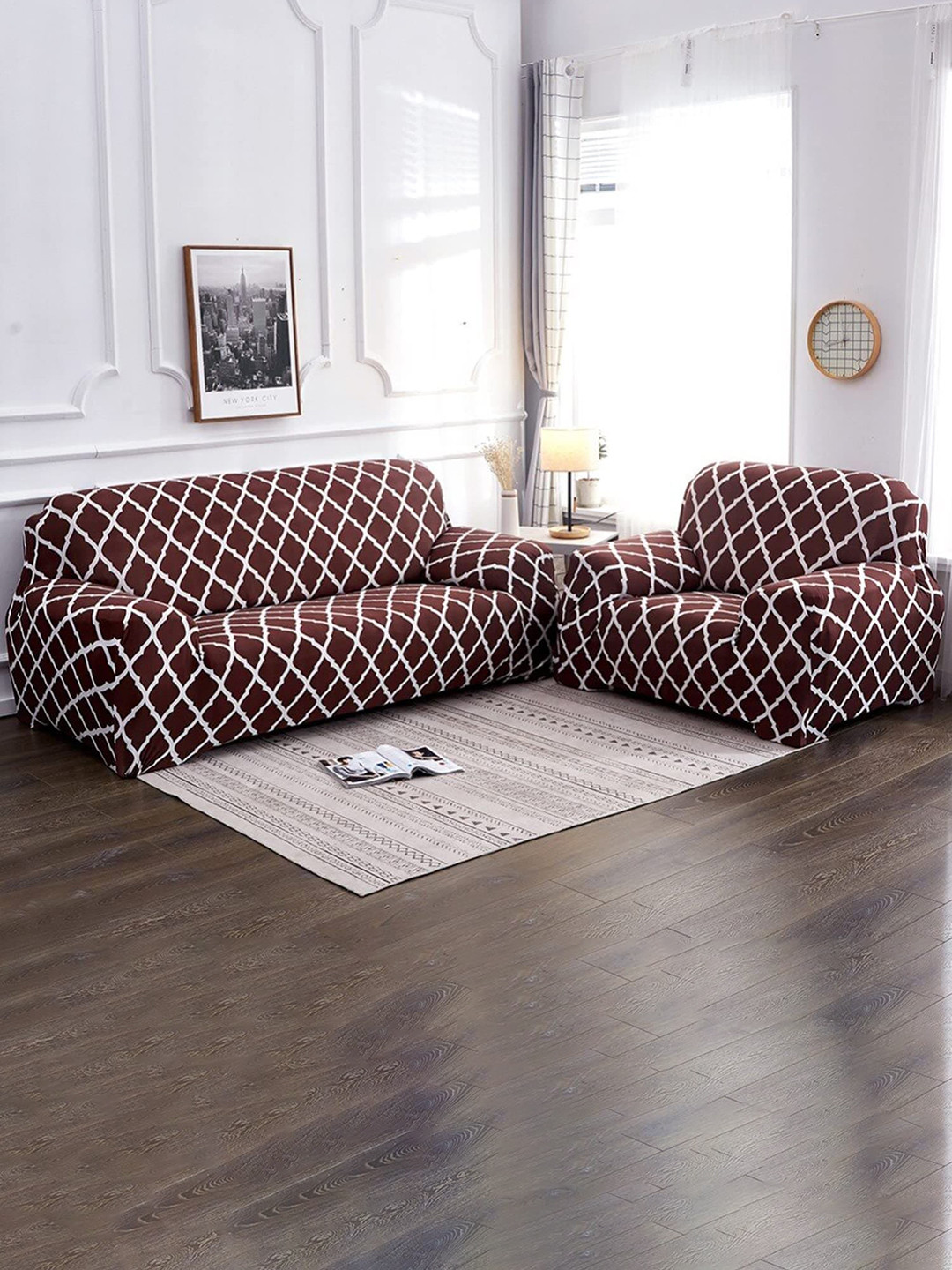 HOUSE OF QUIRK Universal Brown & White Printed Stretchable 1-Seater Sofa Slipcover