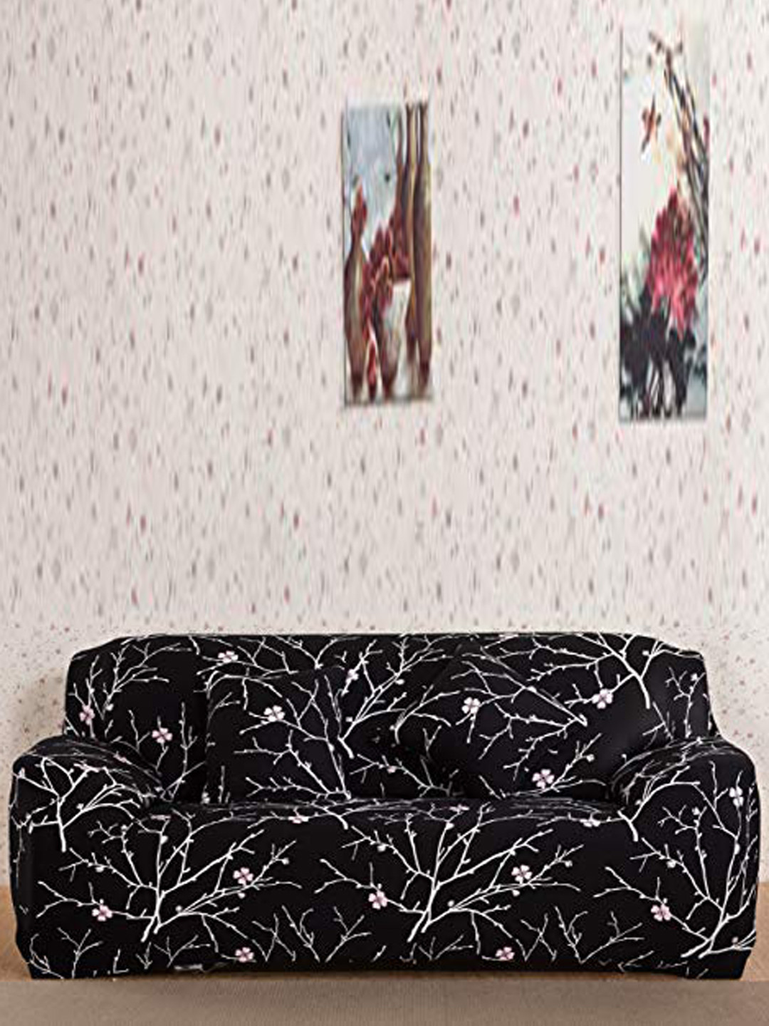 HOUSE OF QUIRK Universal Black & White Floral Printed Stretchable 3-Seater Sofa Slipcover