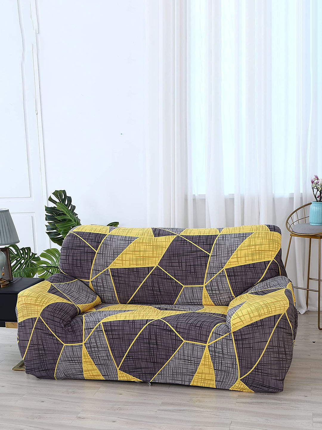 HOUSE OF QUIRK Grey & Yellow Printed 2 Seater Sofa Slipcover