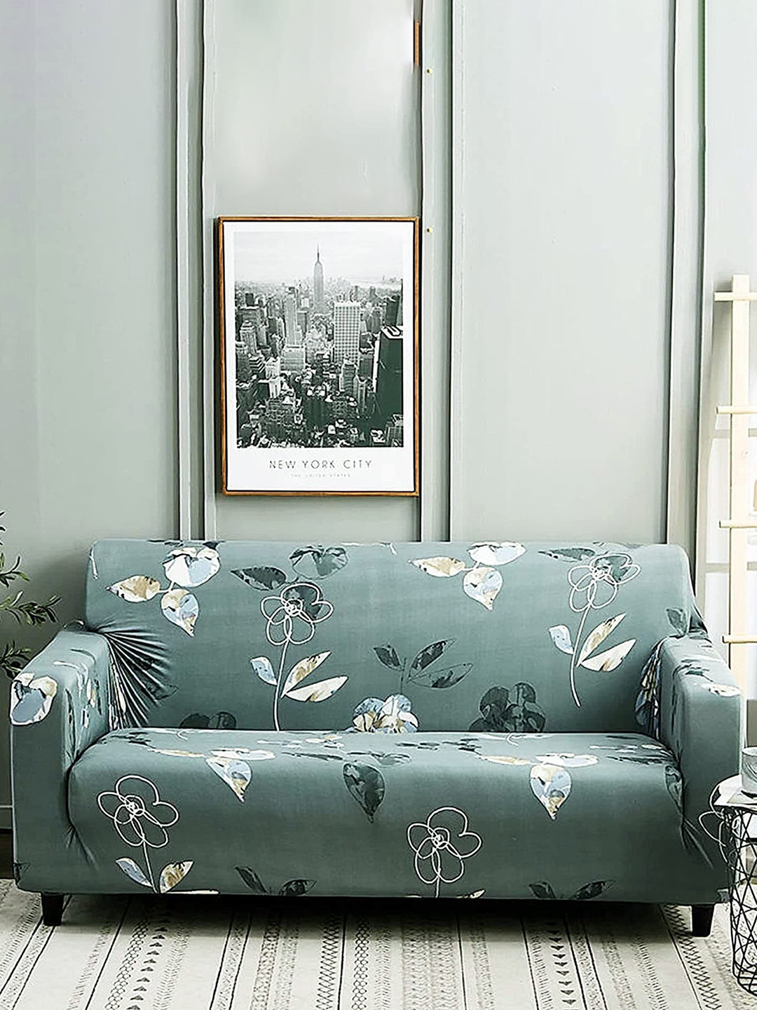 HOUSE OF QUIRK Grey & Green Floral Printed Sofa Slipcover