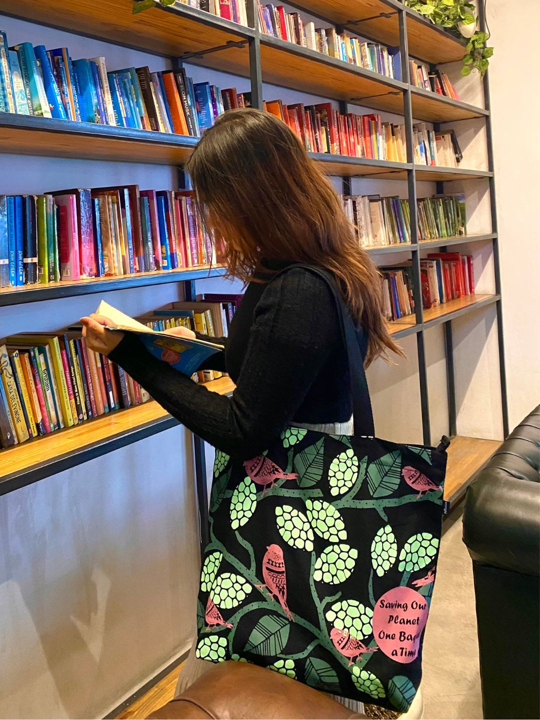 EcoRight Black Sparrow Printed Oversized Shopper Cotton Tote Bag