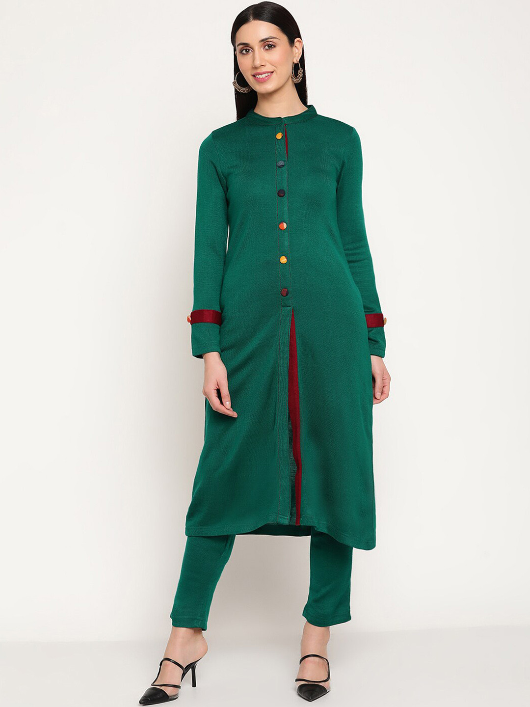 Be Indi Women Woven Design Solid A-Line Winter Kurta with Trousers