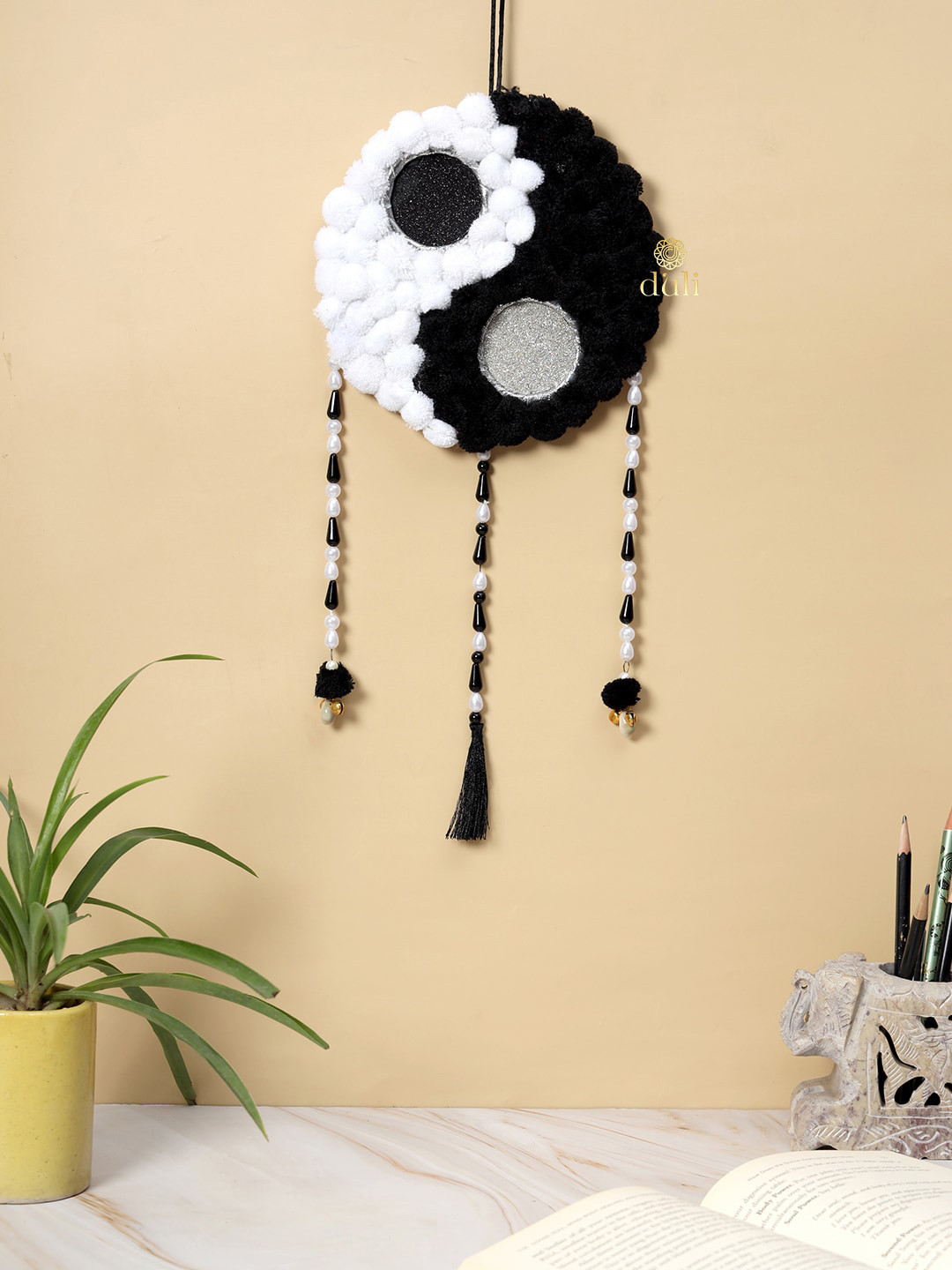 DULI White & Black Dream Catcher Pompoms Windchimes