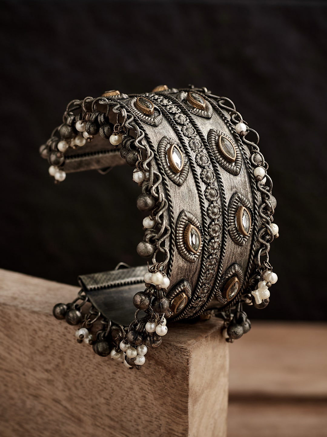 ATIBELLE Silver-Plated Ghunghroo and Beads-Studded Oxidised Bangle