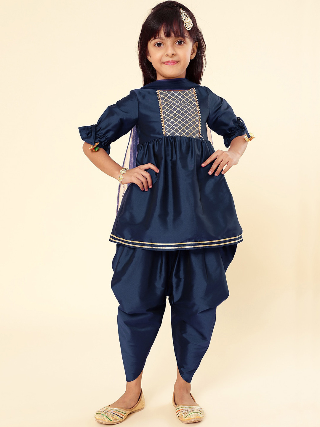 A.T.U.N. Girls Pleated Gotta Patti Kurti with Dhoti Pants & With Dupatta
