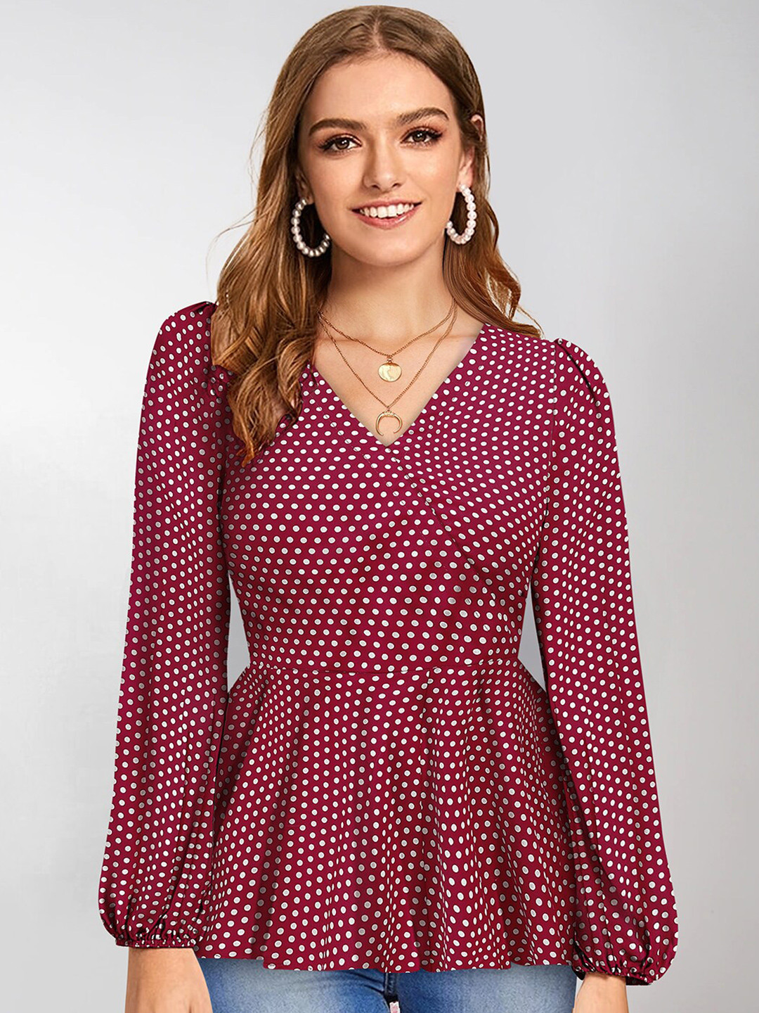 KERI PERRY Maroon Print Crepe Wrap Top